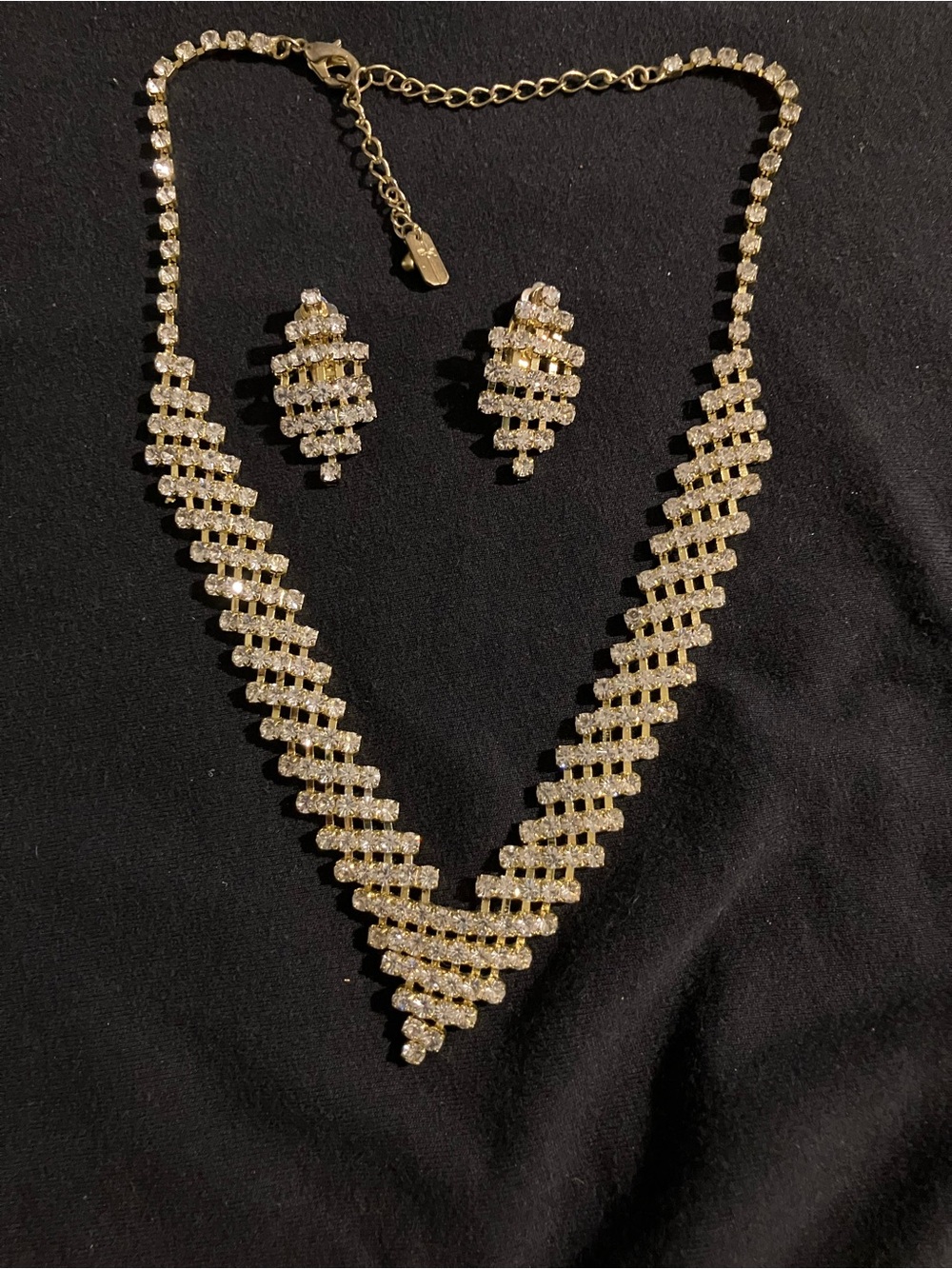 Christina Gold Crystal V-Detail Necklace with Matching Clip On Earrings